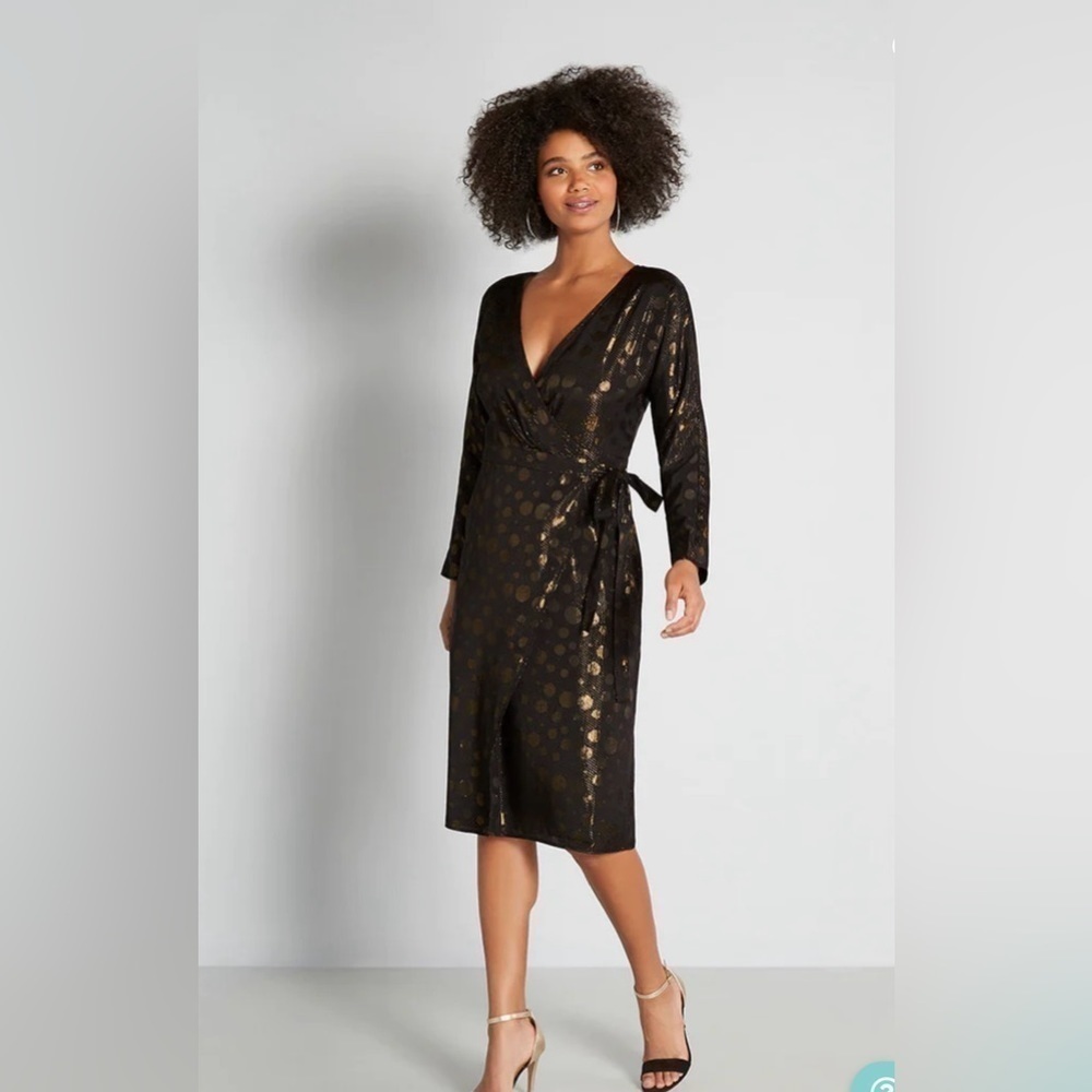 MODCLOTH Golden Record Party Wrap Dress MIDI Black Size Small NWT